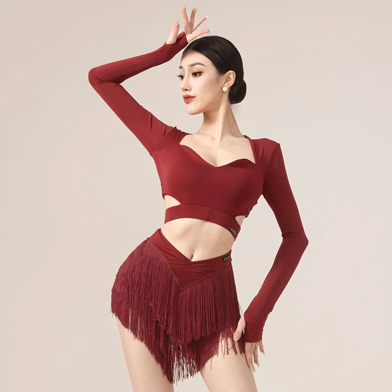 Cha Cha Rumba Samba Latin Dance Clothes For Women Long Sleeves Short Tops Tassel Skirts Club Latin Performance Costume DNV21671