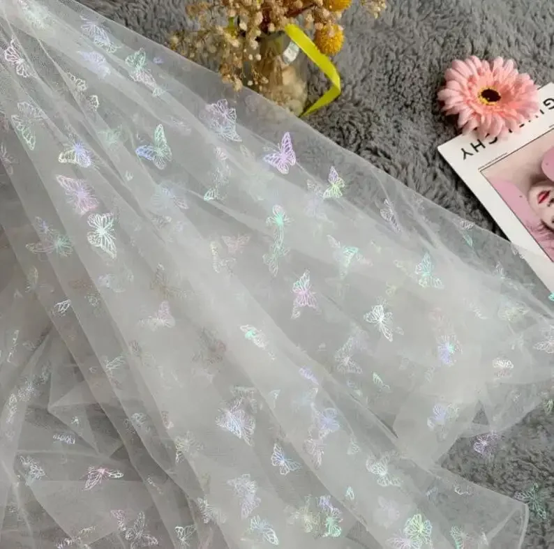 

Gradient Butterfly Lace fabric Glitter Print Rainbow butterfly soft tulle fabric for Wedding Dress Birthday Dress Bridal Dress