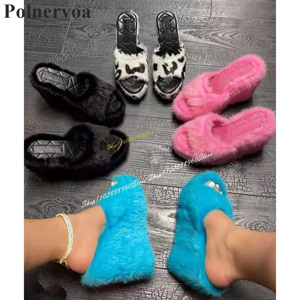 Stylish Furry Platform Slippers Cut Heel Wedges Heel Shoes For Women Slip On Open Toe 2024 Fashionable Zapatos Para Mujere