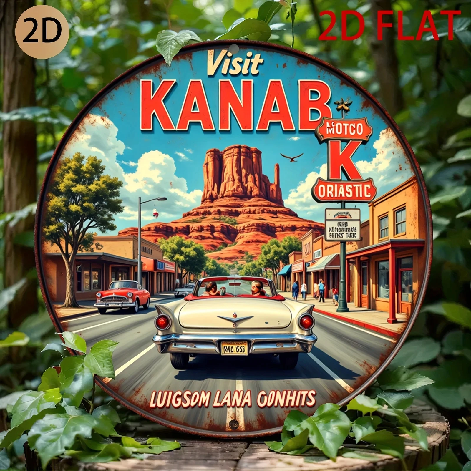 [2D Flat Design] a Round Vintage Tin Sign Featuring a Street Scene with a Car Theme, Designed Specifically for Kanab, Perfect for Decorating a Garage or a Cafe.