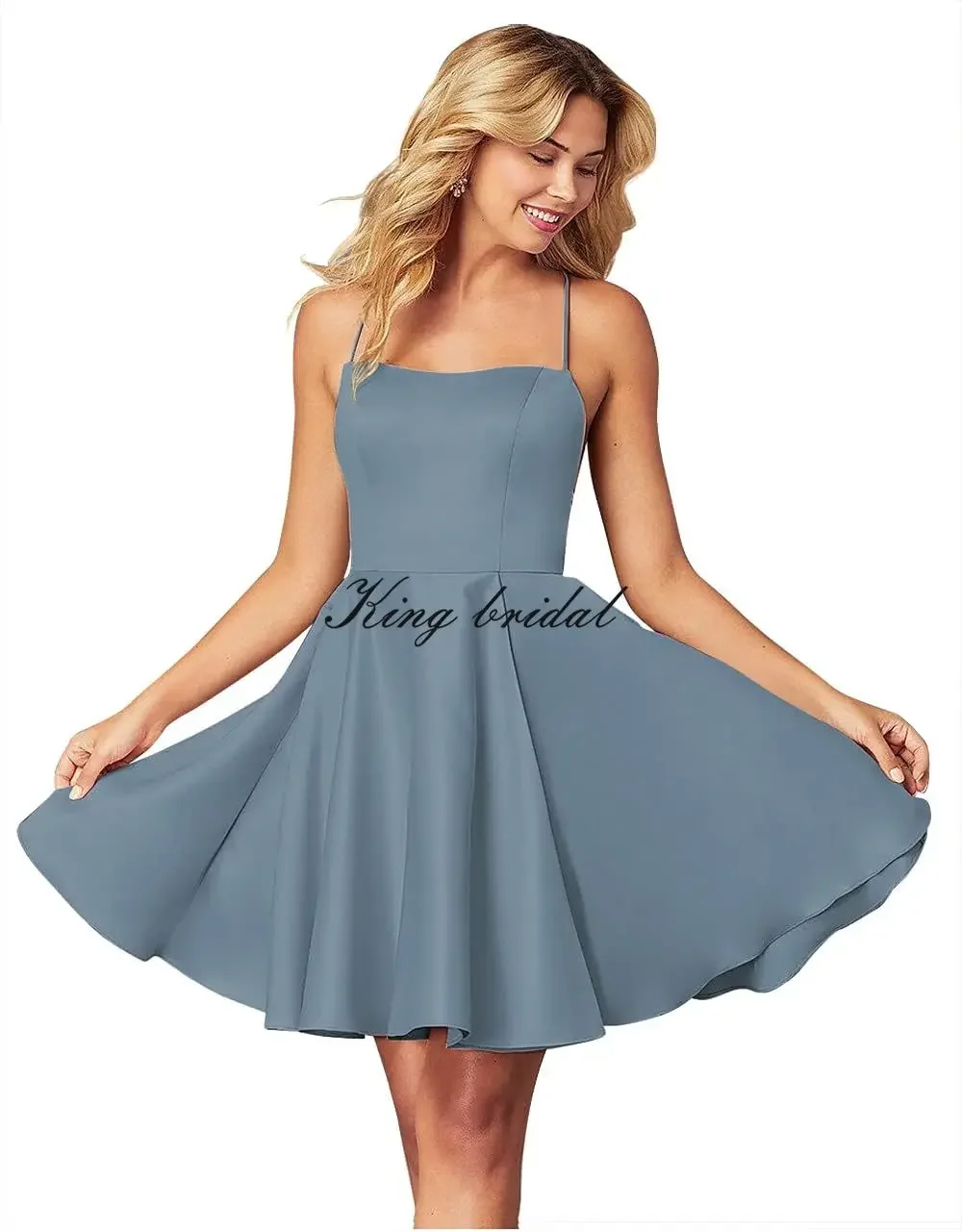 Maßgeschneidertes kurzes Satin-Heimkehrkleid mit Taschen, Spaghettiträgern, formelle Hochzeits-Party-Kleider, Cocktail-Clubwear-Kleider