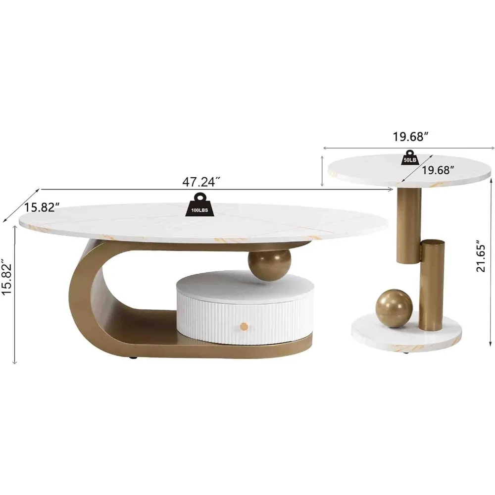 Oval Nesting Coffee Table Set of 2 Faux Marble Golden Round End Table Modern Living Room Table Large 47Inch Coffee