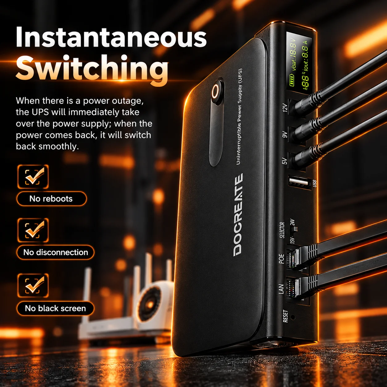 Docreate-813 36W DC UPS Uninterruptible Power Supply 5V 9V 12V 24V Backup Battery 18650 Replaceable for Router Modem NAS EU Plug