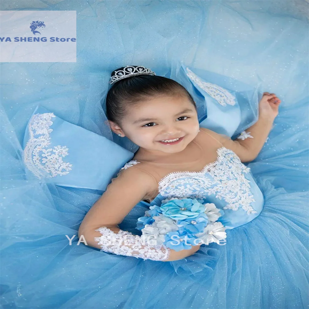 

Lace Flower Girl Dresses for Wedding With Bow Toddlers Tulle Princess Pageant Dress Long Sleeve Communion Party Ball Gown