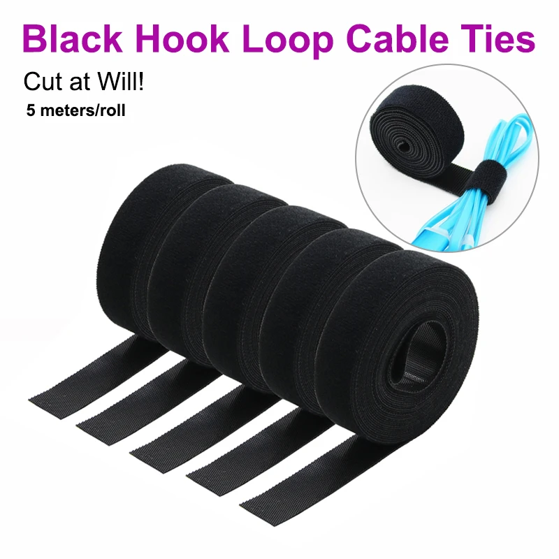 5M/Roll Black 10/15/20/25mm Cable Organizer USB Cable Winder Management Nylon Free Cut Ties Mouse earphone Hook Loop Tape