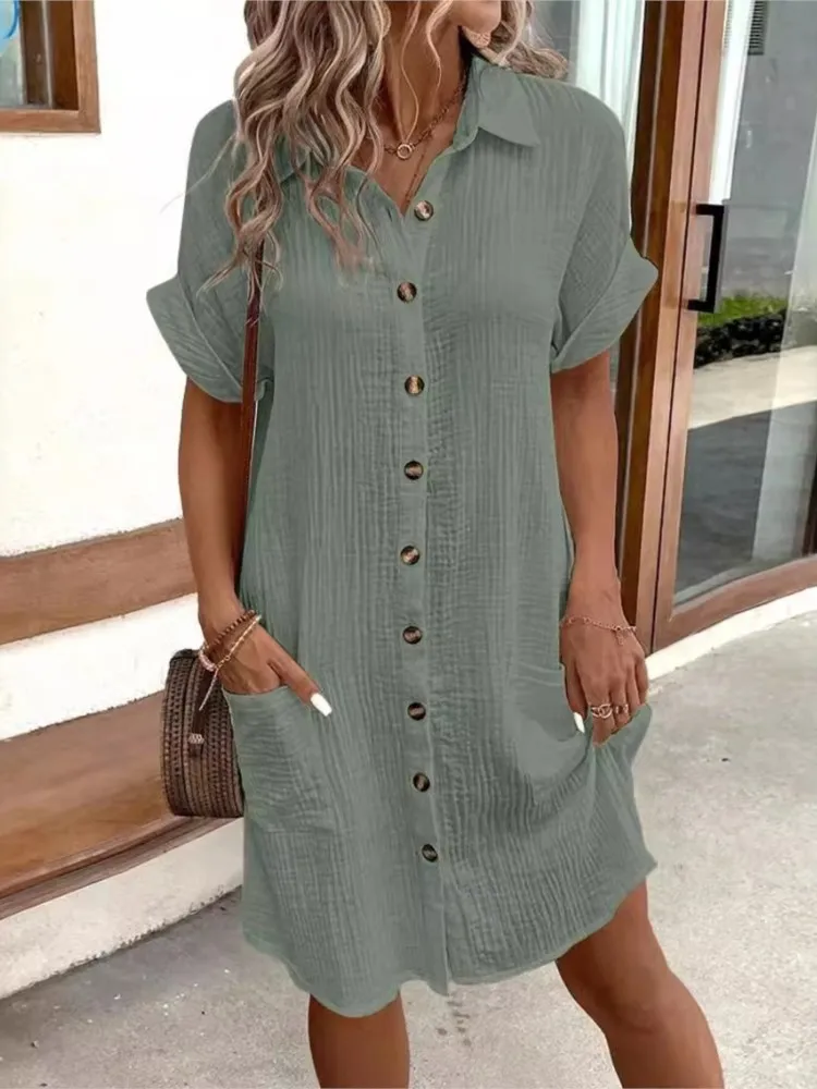 Summer Solid Simple Short Sleeve Shirt Dress Women\'s Turn-down Collar Single Breasted Casual Elegant Ladies Loose Dresses