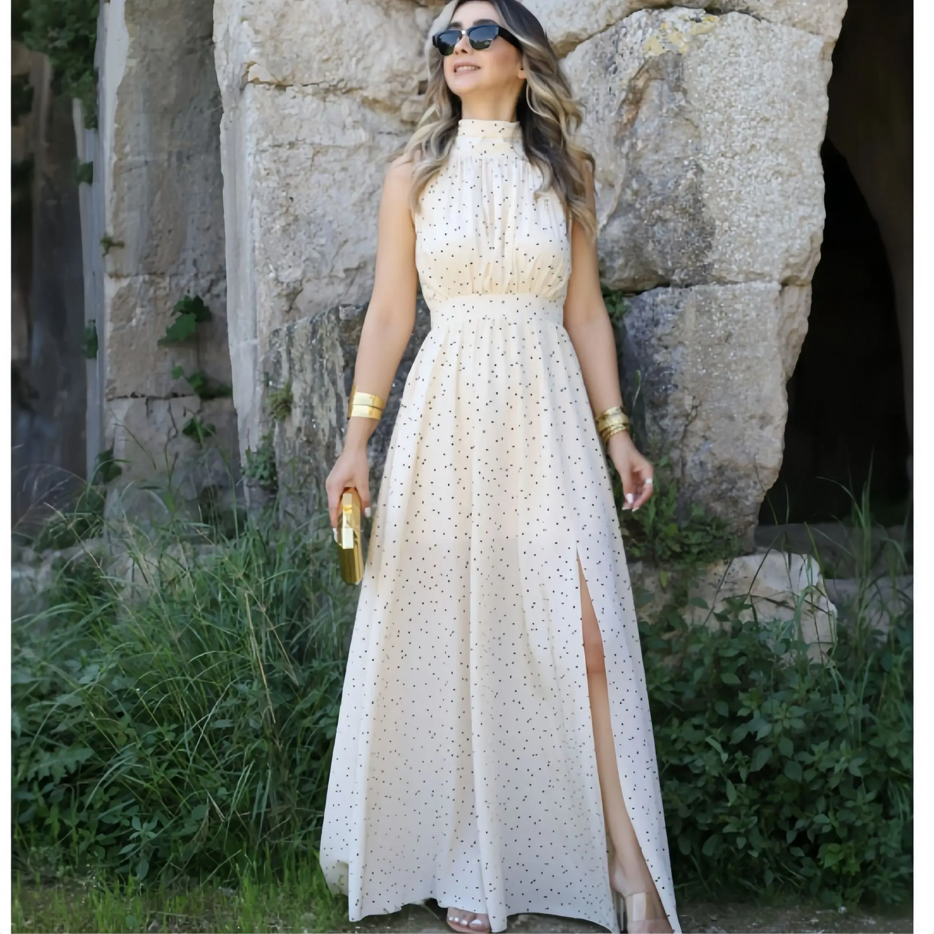 

Fashion temperament Beige polka dot sleeveless neck collar dress long dress simple elegance versatile high-end vacation style pa