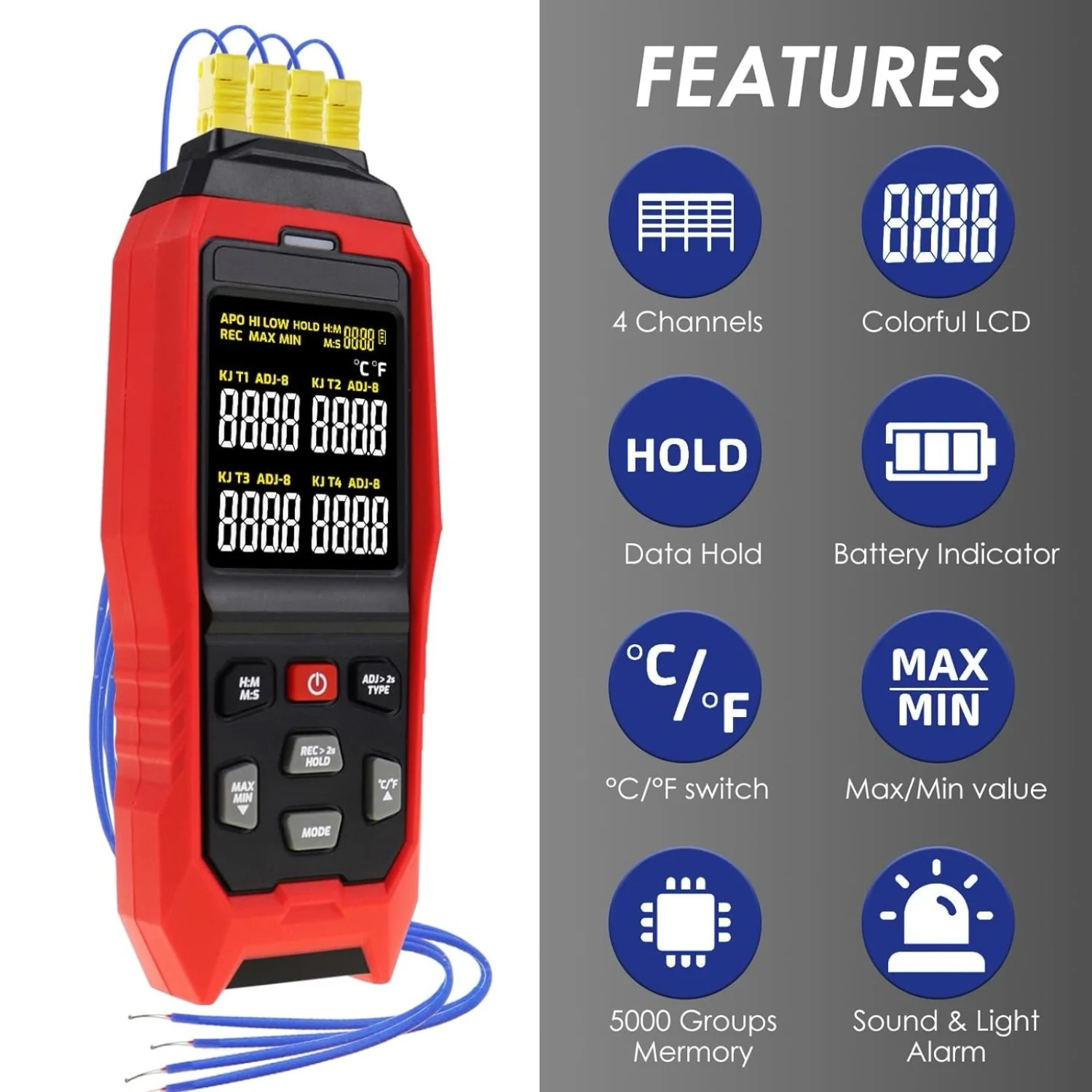 Four-Channel Contact Thermometer - Precision Mold Surface Temperature Meter - Electronic Thermocouple Sensor