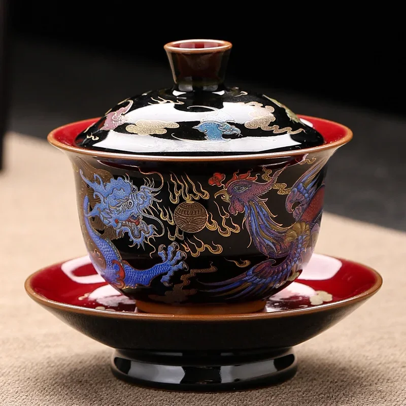 Enamel Color Gaiwan Ceramic Tea Bowl, Large Kung Fu Tea Set, Red Dragon and Phoenix Pattern