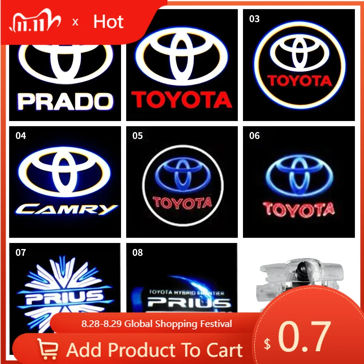 

Fot Toyota 2026 Новый 2 шт. автомобильный светодиодный приветственный светильник с логотипом Toyota Дверь Призрачный теневой свет Лазерный проектор для Toyota PRADO Camry Co