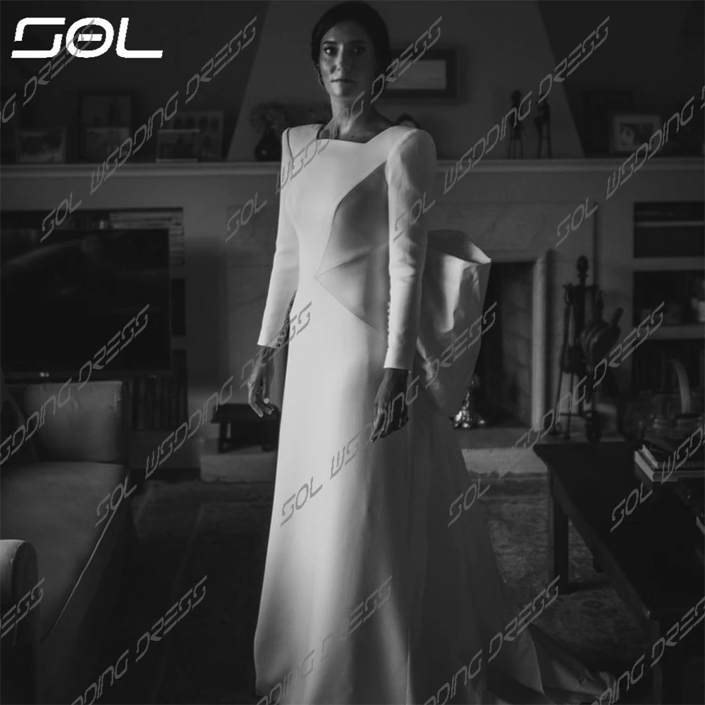 SOL Simple Long Sleeves Square Collar Satin Wedding Dresses With Big Bow BOHO Backless A-Line Bridal Gowns Vestidos De Novia