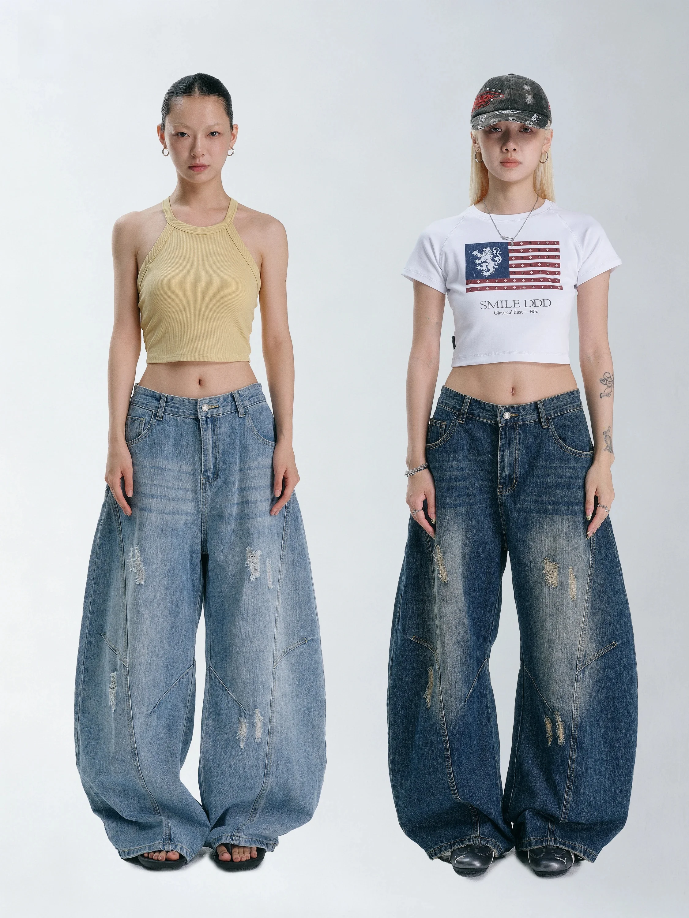 Smile Ddd Curved Knife Jeans Women's Loose Fit Blue Faded American Style Casual Pants Natural Waist Cotton Button Closure