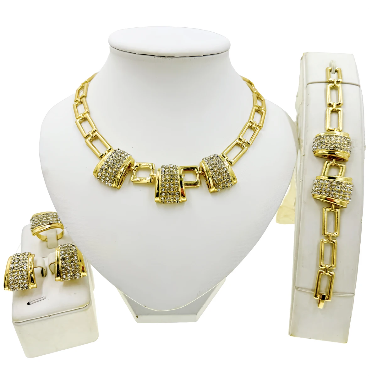 African Fashion Jewelry Sets for Women Crystal Necklace Bracelet Earrings Ring Charm Bridal Luxury Wedding Accessories