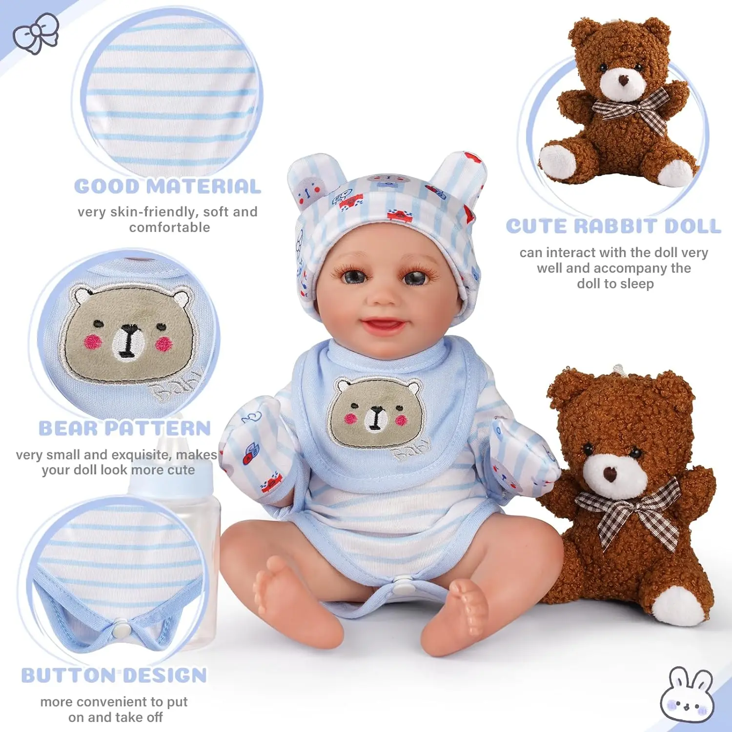 8 Pcs Reborn Baby Doll Clothes with Bassinet for 8-10 Inch Babydolls, Baby Dolls Clothes and Doll Accessories Set with Bear Toy