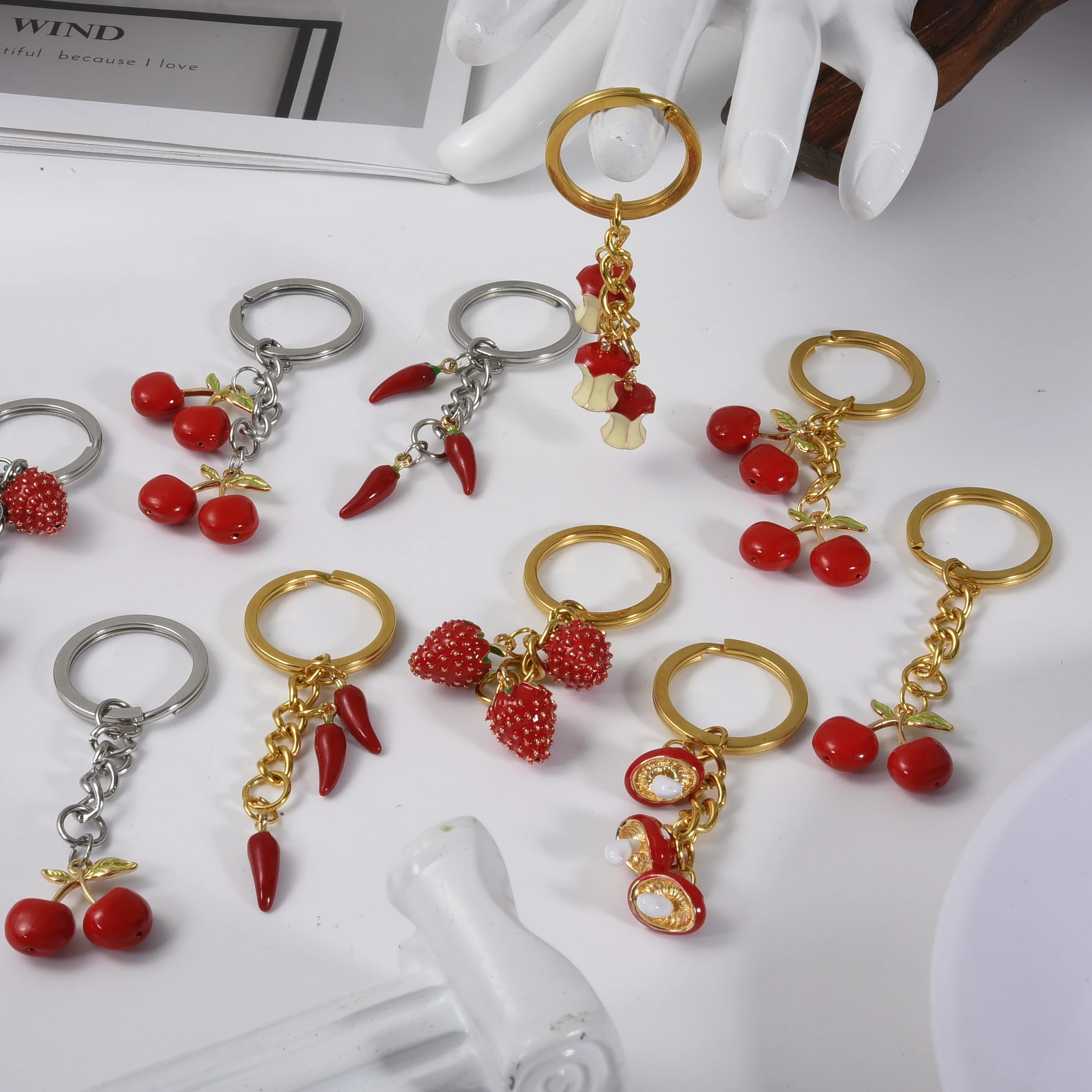 Lucky Red Enamel Fruit Cherry Strawberry Pepper Mushrooms Pendants Keychain Women Men Cornicello Key Ring Fashion Jewelry Charms