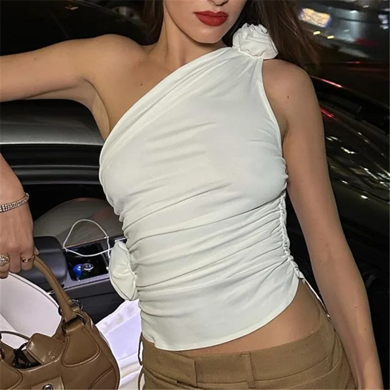 

Amazon cross-border 2025 autumn new sexy spice girl pleated drawstring slanted shoulder splicing flower vest women