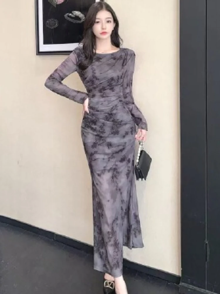 Femmes imprimer maille plissée moulante longue robe automne hiver élégant décontracté maison robe 2025 coréen Vintage à volants luxe robes