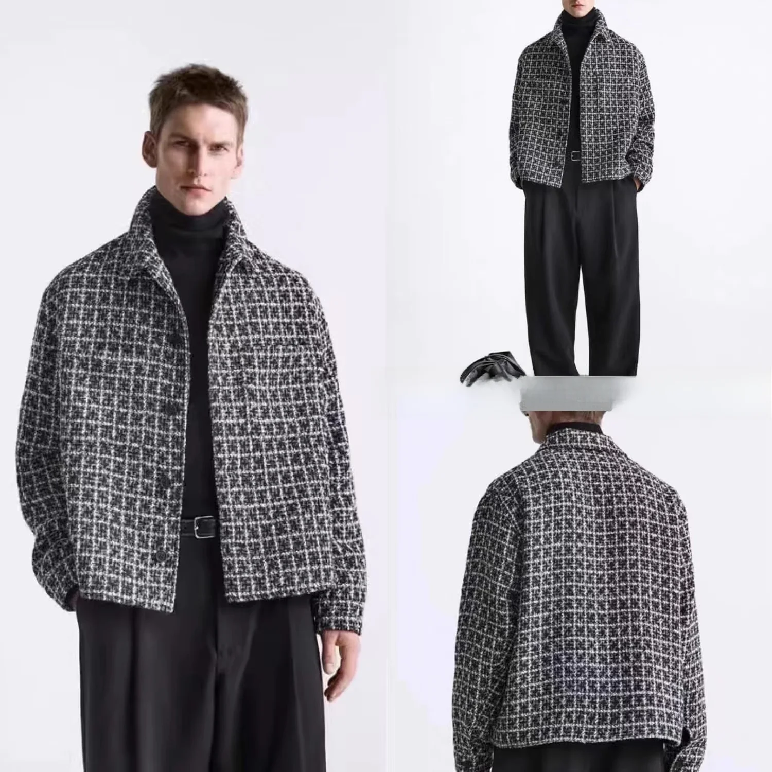 

Новая мужская куртка в клетку с фактурой, повседневная, простая, демисезонная, приталенная, с длинным рукавом и воротником.