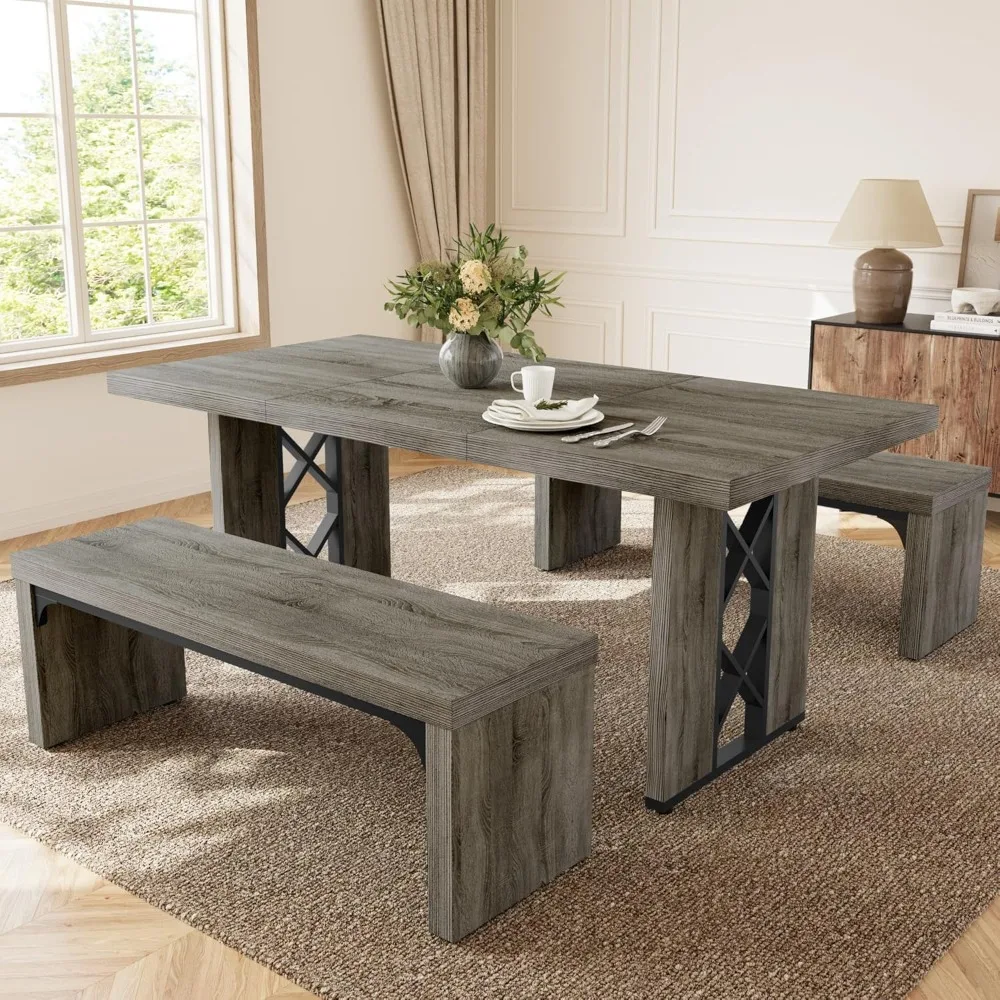 

3-Piece Dining Table Set for 6-8 People, 70.8'' Rectangle Kitchen Table with 2 Benches for Breakfast Nook, Dining Room Furniture