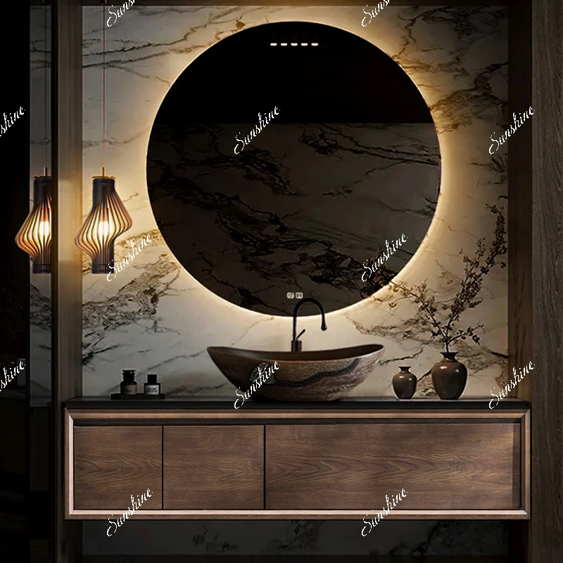 Wabi-sabi washbasin Japanese-style, log integrated platform basin bathroom cabinet combination