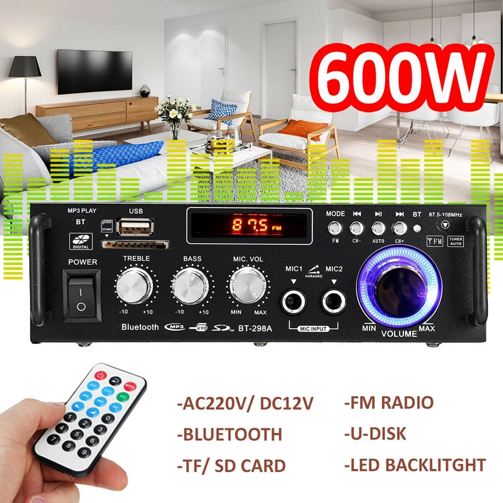 NEW 12V-220V Bluetooth Amplifier 300W+300W USB HiFi Stereo Digital Car Audio With Remote Control USB SD FM Mic Car Home Theater