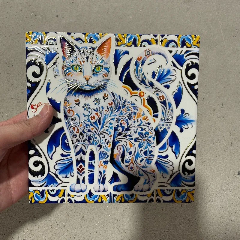 Nordic Relief Ceramic Cat Pot Mat Ornaments Living Room Kitchen Dining Table Blue and White Porcelain Plate Cushion Decoration