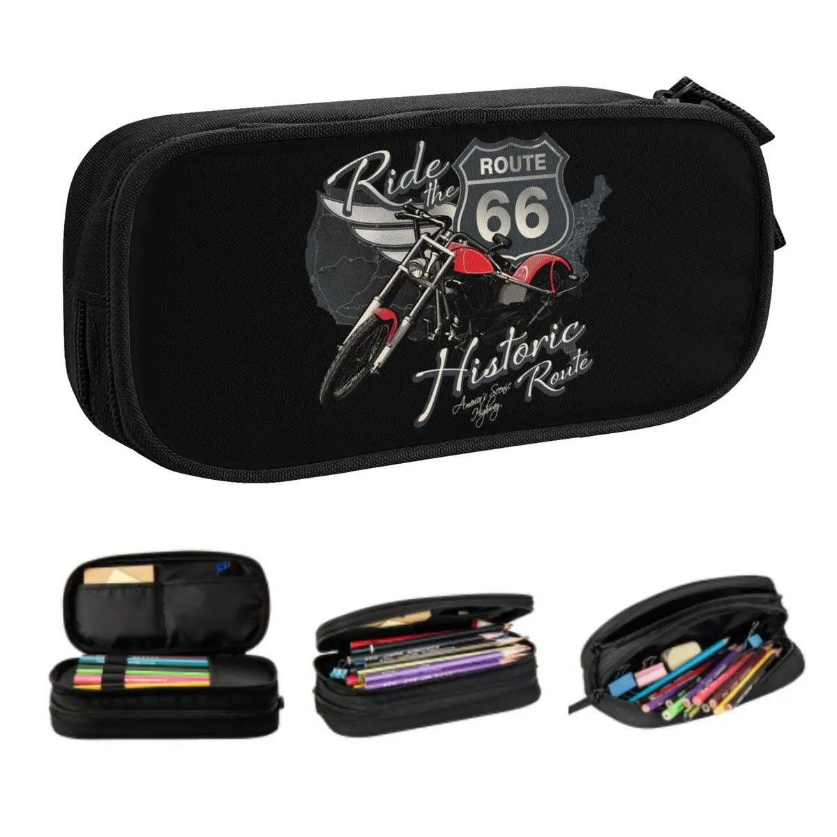 Custom Korean Travel Motorcycle Ride Route 66 Pencil Case for US Numbered Highways Large Storage Pen Box Bag Stationery