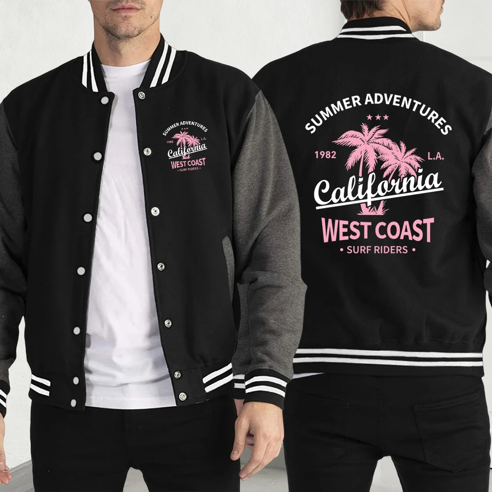 مغامرات الصيف كاليفورنيا الساحل الغربي طباعة الخريف جاكيتات الرجال الهيب هوب شخصية البيسبول جيرسي موضة الملابس معطف Y2K #1