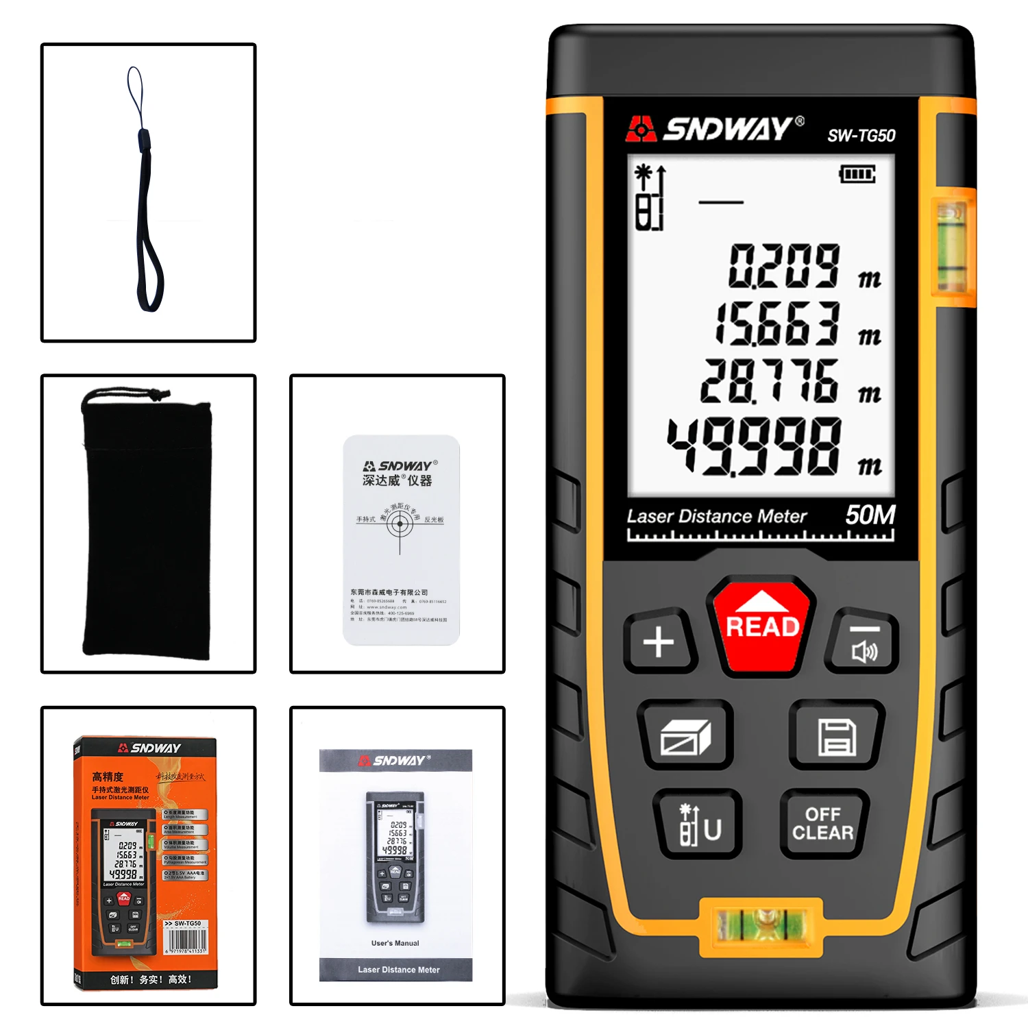 SNDWAY Laser Distance Meter Double Bubble Rangefinder Measure Tape Laser Diastimeter 50M Laser Range Finder