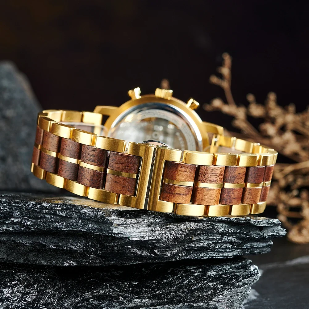 Orologio da uomo in legno di lusso BOBO BIRD Movimento giapponese Nome personalizzato Cassa posteriore Testo Orologio da polso al quarzo Orologio cronografo dorato