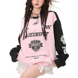 American Retro Round Neck Korean Baseball Team Loose Contrast Color Sweatshirt Women 2024 Autumn Lazy Long Sleeve Jersey Female