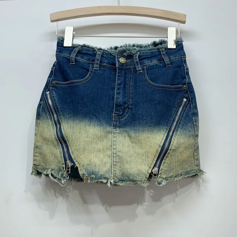 

Women's Denim Skirts High Waist Zippers Spliced Wash Color Wide Leg A-line Mini Jean Skirts 2024 Summer New Fashion