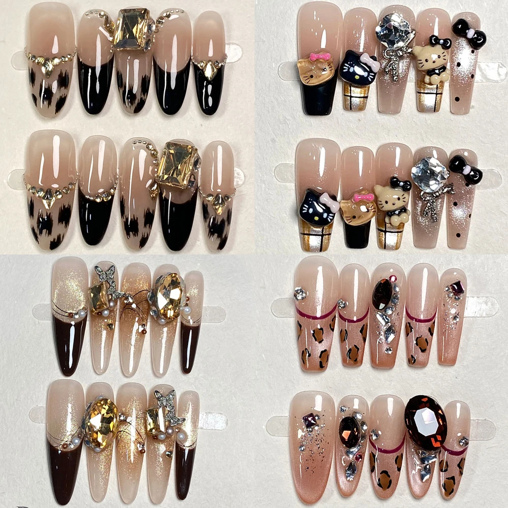 

High Quality Hello Kitty Cat Eye Handmade Long Coffin Ellipse French Press On Nail Flash Rhinestone Gradients Wearable Fake Nail