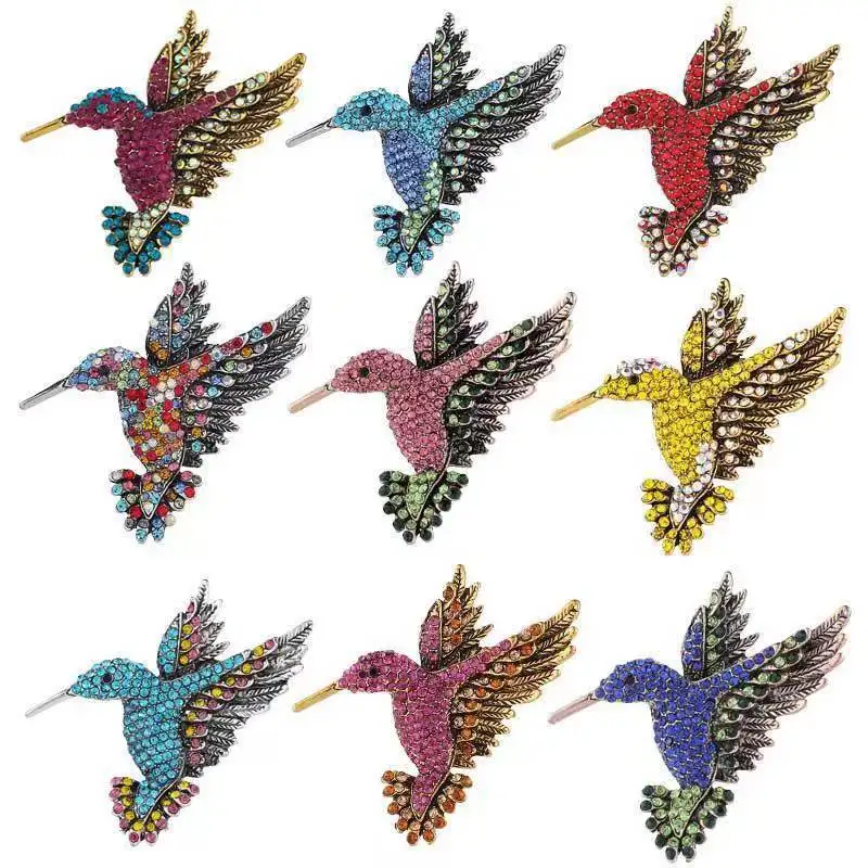 

High-end Feel Inlaid with Rhinestones Hummingbird Brooch Enamel Personalized Retro Animal Emblem Metal Clothing Bag Lapel Pins