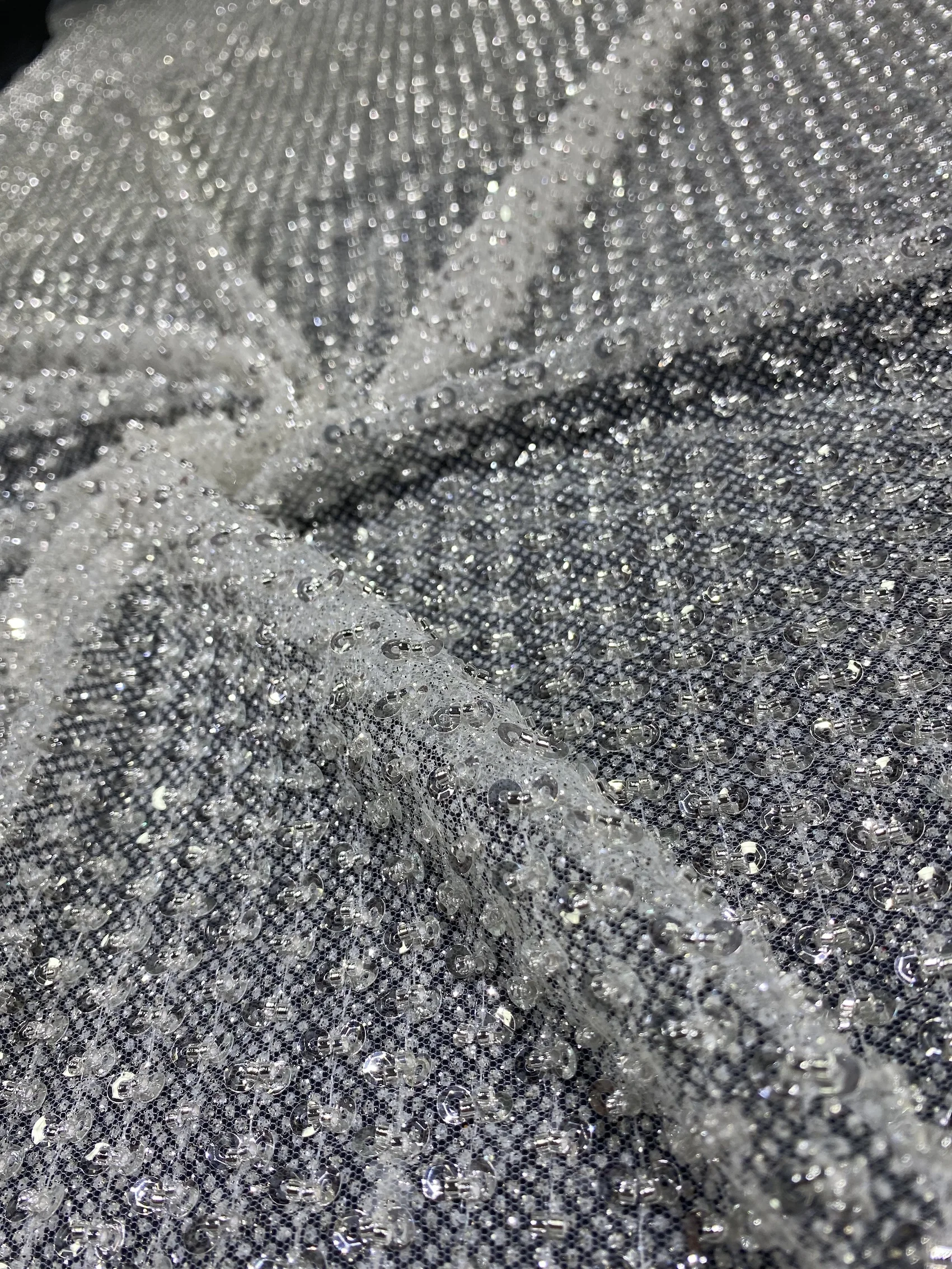 2024 High Quality Platinum Sparkle Silver Glitter Powder Embroidery Beads Sequins Off White Color Lace Fabric For Bridal Dress