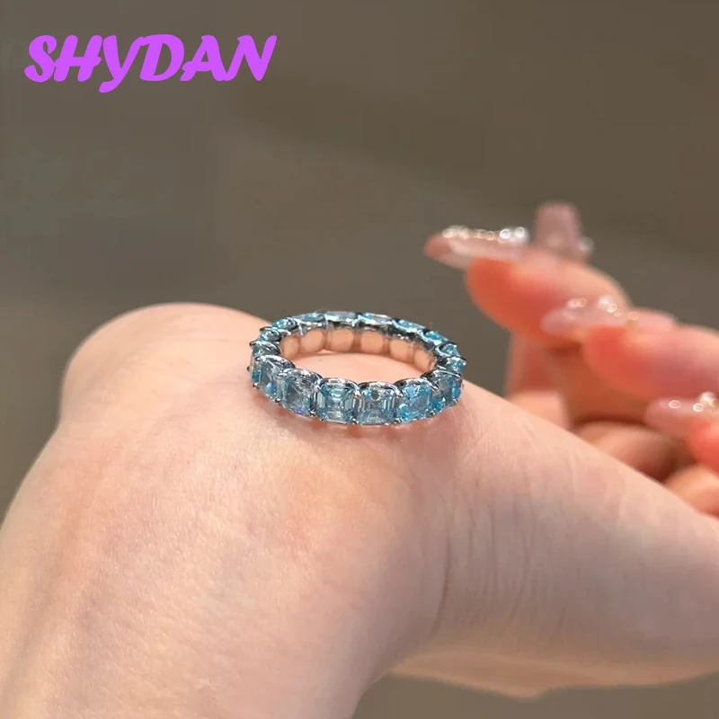 SHYDAN 925 Sterling Silver Aquamarine Finger Rings For Women Girls Fashion Charm Jewelry view 3