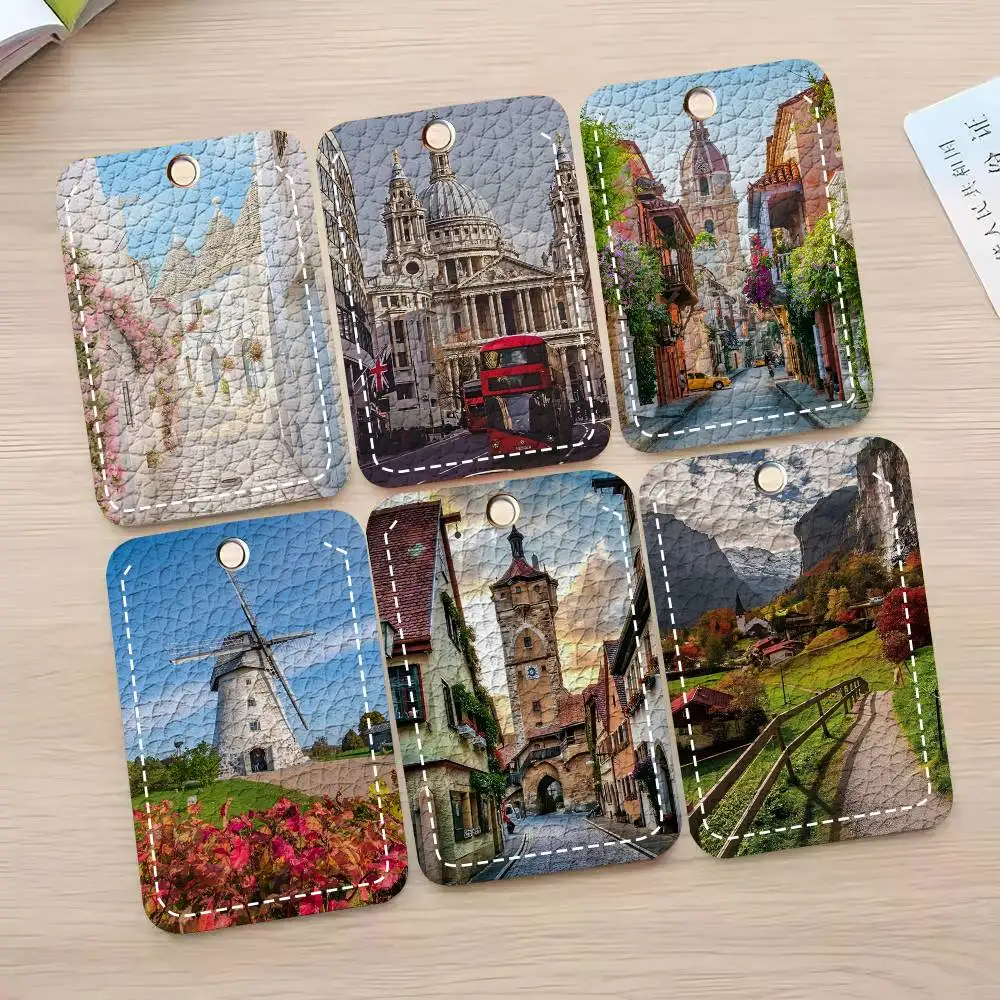 Europe Greece France Santorini Landscape Card Case Keychain Access Card Bag Key Tag Ring Leather Card Holder Key Ring Access