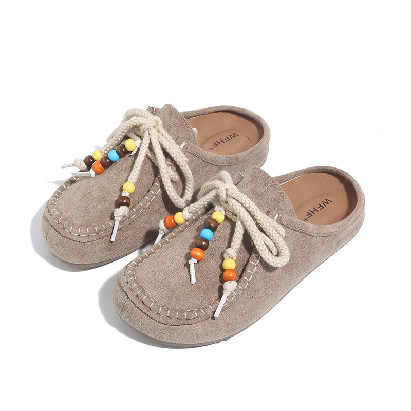 

Замшевые тканевые тапочки в стиле ретро, женские летние повседневные туфли на плоской подошве с бисером, новинка 2025, толстые шлепанцы без шнуровки Mueller, женские повседневные лоферы