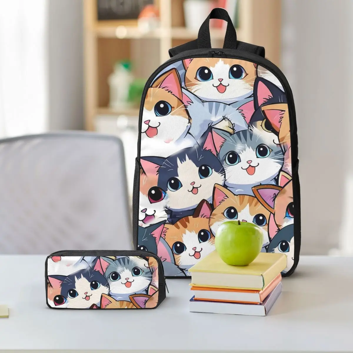 Cute Kitten Cat Cartoon Pattern Backpack Boys Girls BookBag School Bag Shoulder Bags 3ps Insulated Lunch Bag Pencil Case