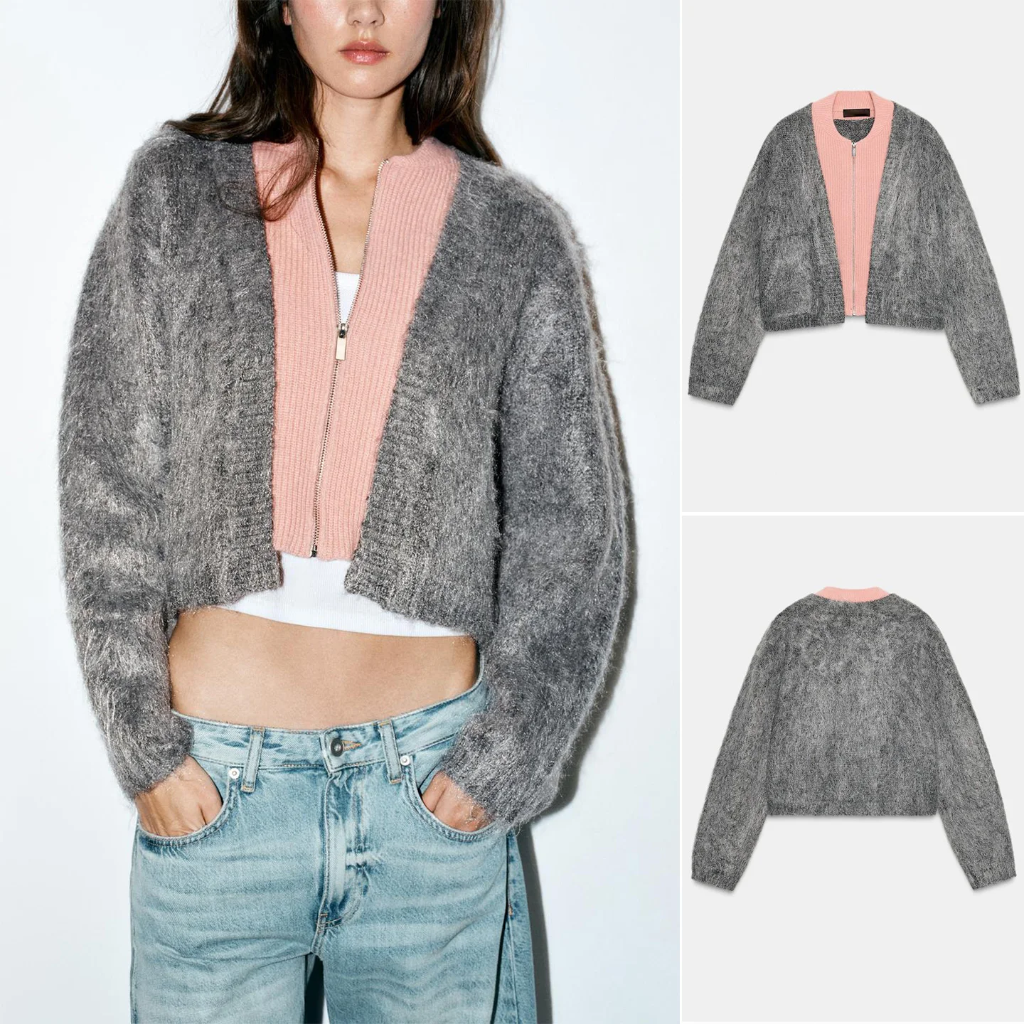 

Winter New Women's Lazy Sle Zipper Long Sve round Ne Double Knit Effect Coat Polyester Fiber Chain Design ort Length