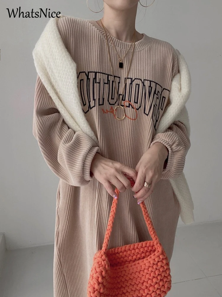 Korean Fashion Corduroy Lettering Woman Dress Casual Ladies Sweater Dresses for Women Female Girls Streetwear Vintage Long Dress