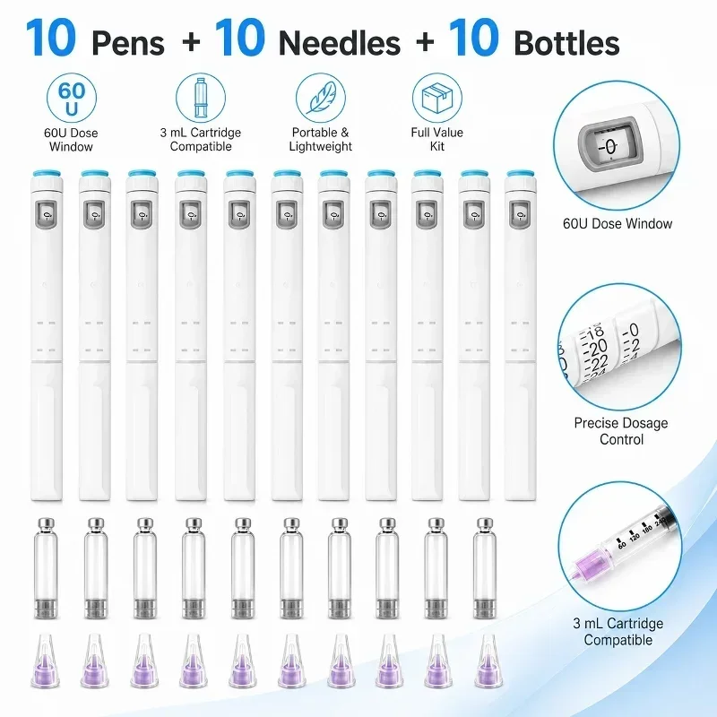 10Pack Complete Disposable Adjustable Insulin Injector Pen Kit 3ml Cartridge Bottles +8mm Needles Precise Dosing Injection