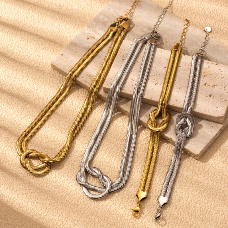 EILIECK New Fashion Stainless Steel Knotting Chain Necklace Bracelet For Women Trendy Gold Color Waterproof Jewelry Set Gift