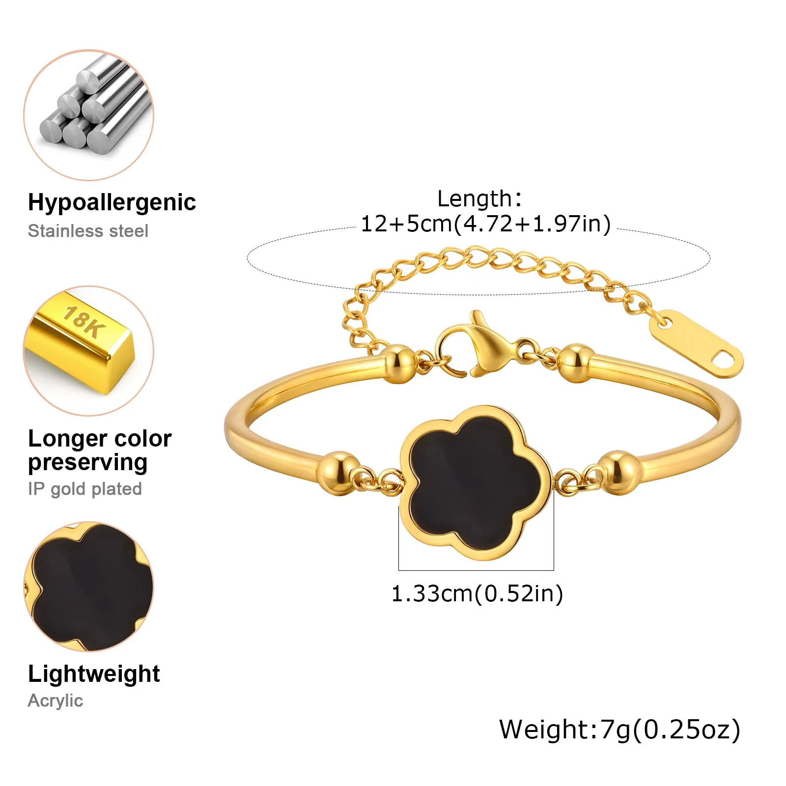 Klassisches Charm-Armband mit fünf Blättern und Blumen für Damen, verstellbarer Armband-Armreif aus Edelstahl, modischer Luxus-Klee-Schmuck – Detail 7