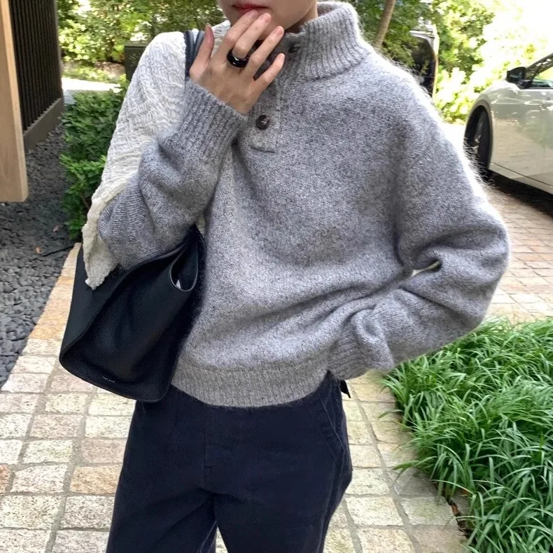 Loose Casual High Collar Long Sve Knitted Sweater Korean Sle Winter Faion Women's Premium Quali Yarns Girls' Wear