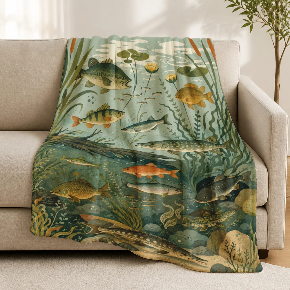 Grande couverture en peluche sur le thème de l'océan pour canapé, salon, aquarium de poissons tropicaux de la mer profonde, décoration intérieure