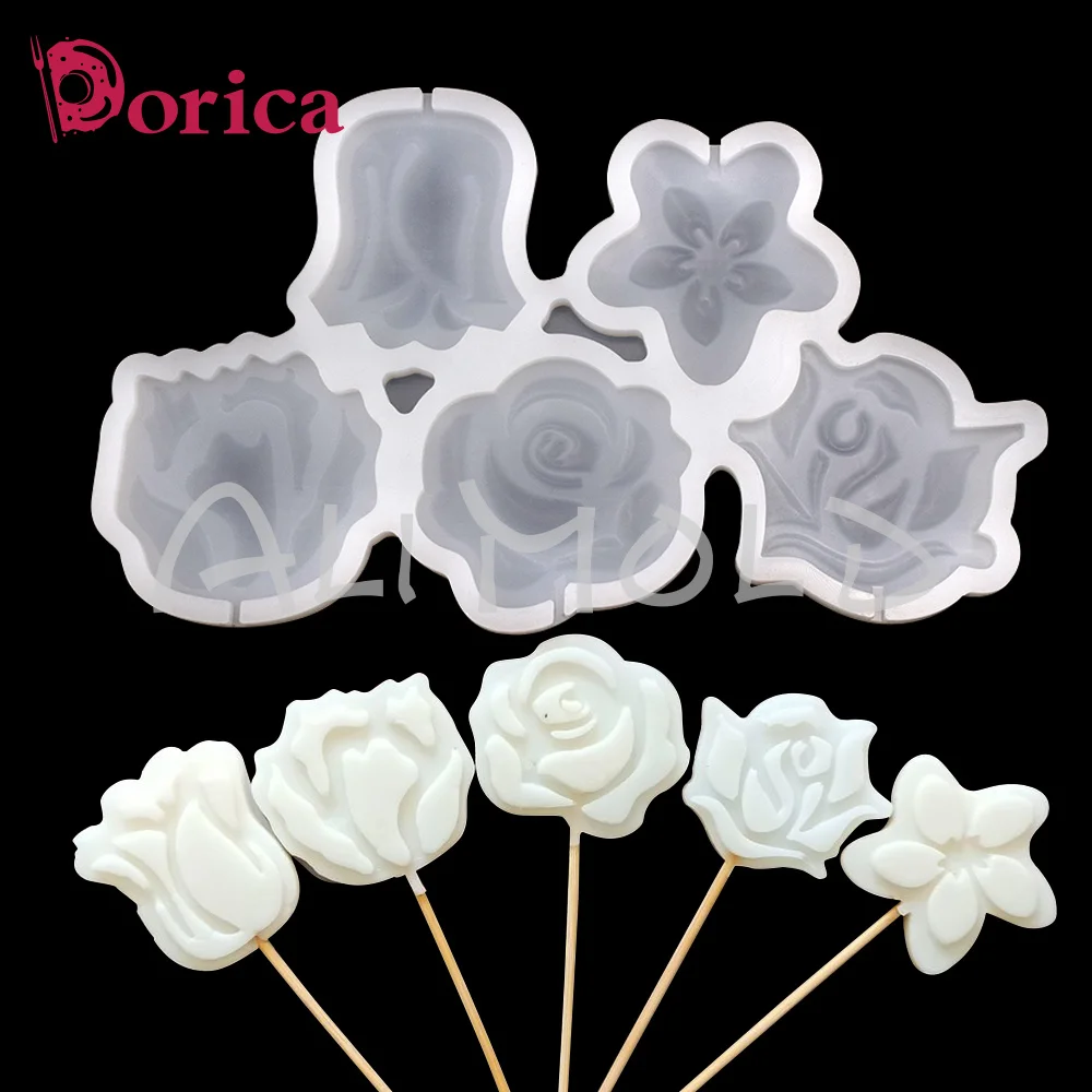 Dorica Flower Rose Lollipop Epoxy Mold Chocolate Silicone Cake Mould Cake Decorating Tools Kitchen Accessories Bakeware