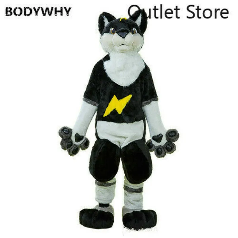 Black Long Fur Husky Fox Dog Wolf Fox Mascot Costume Cosplay Party Fursuit Cartoon Dress outfit Carnival Halloween Xmas Ad