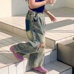Autumn Girls' Broken Hole Jeans Summer New Fashion Children'S Contrasting Colors Pocket Pants Personalized Retro Wide Leg Pants