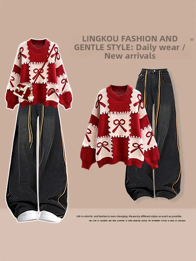plus Size Autumn Winter Casual Knitted Sweater Set with  Knot Design And Slimming Effect Vintage Jeans Two Piece Set...
